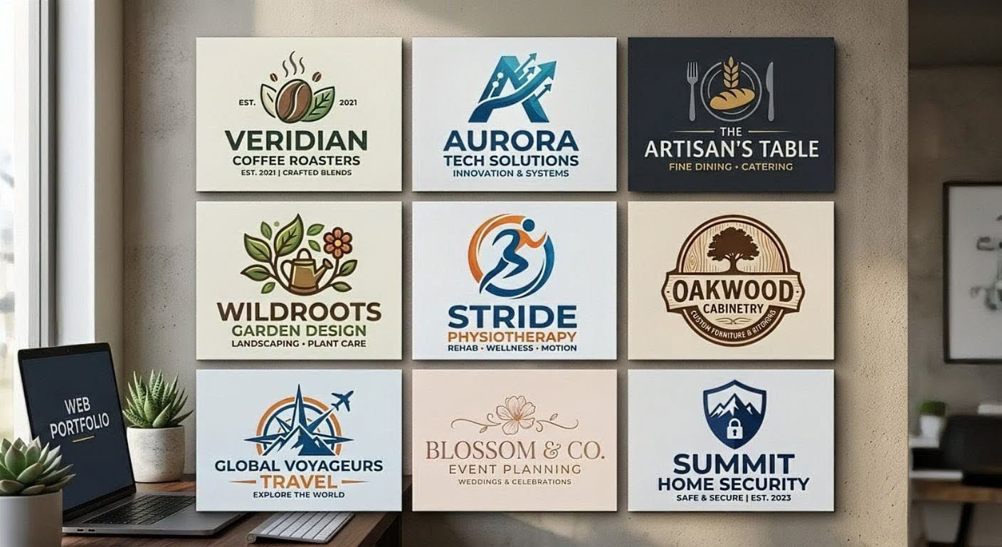 Sample logo designs across various industries