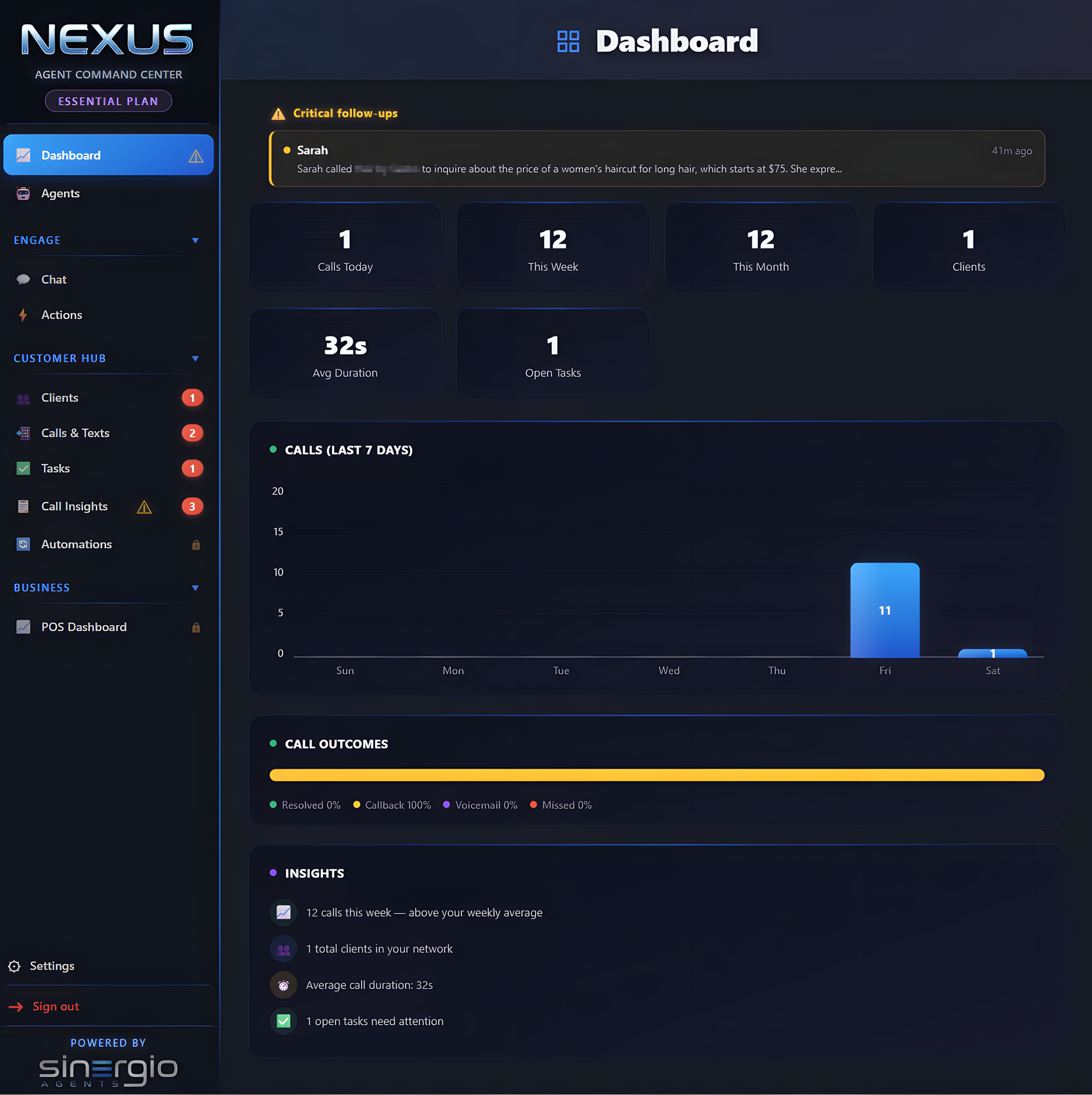 Nexus web dashboard showing call analytics, outcomes, and follow-ups